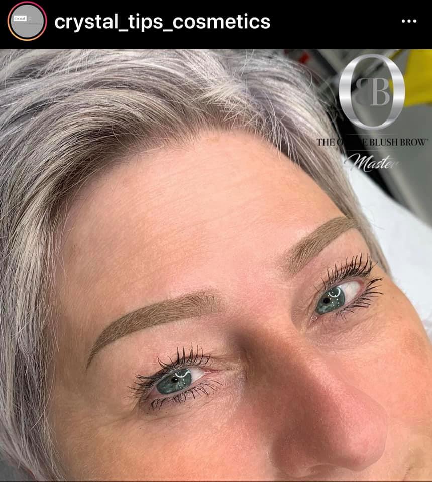 Healed powder brows on mature skin using Cool Blonde Blush and Bold pigments by Crystal Hales, matching salt and pepper hair.

