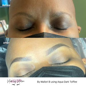 Before and after PMU brows using Aqua Dark Toffee by Mallori B on a deep skin tone.