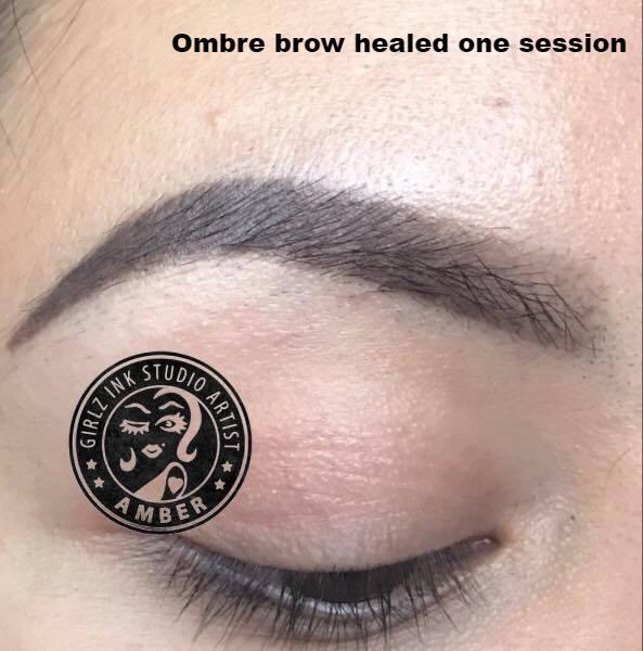 Brow work using Aqua Dark Toffee and Gray Vanish with 5 shader + single needle – artist Amber Guthery.