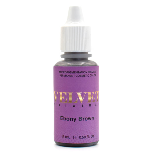 Velvet Ebony Brown pigment for permanent makeup brows, ideal for deeper skin tones and rich color results.