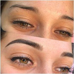 Before and after photo of brows enhanced with Aqua Espresso and Gray Vanish pigments by @brow__boutique, showing natural brown tones and crisp healed results.