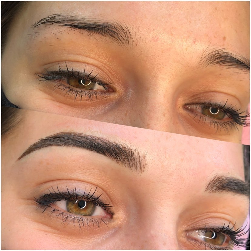 Before and after photo of brows enhanced with Aqua Espresso and Gray Vanish pigments by @brow__boutique, showing natural brown tones and crisp healed results.