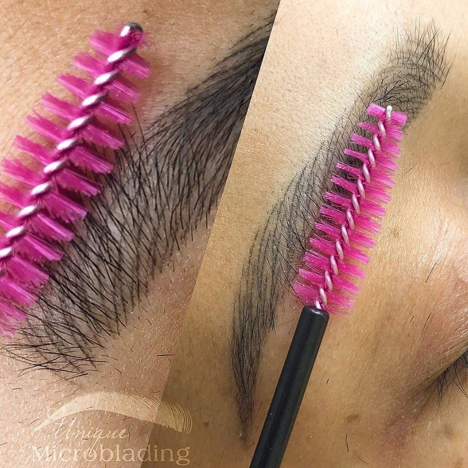 Healed microbladed eyebrow using Velvet Espresso pigment, performed by PMU artist Thi Tran.