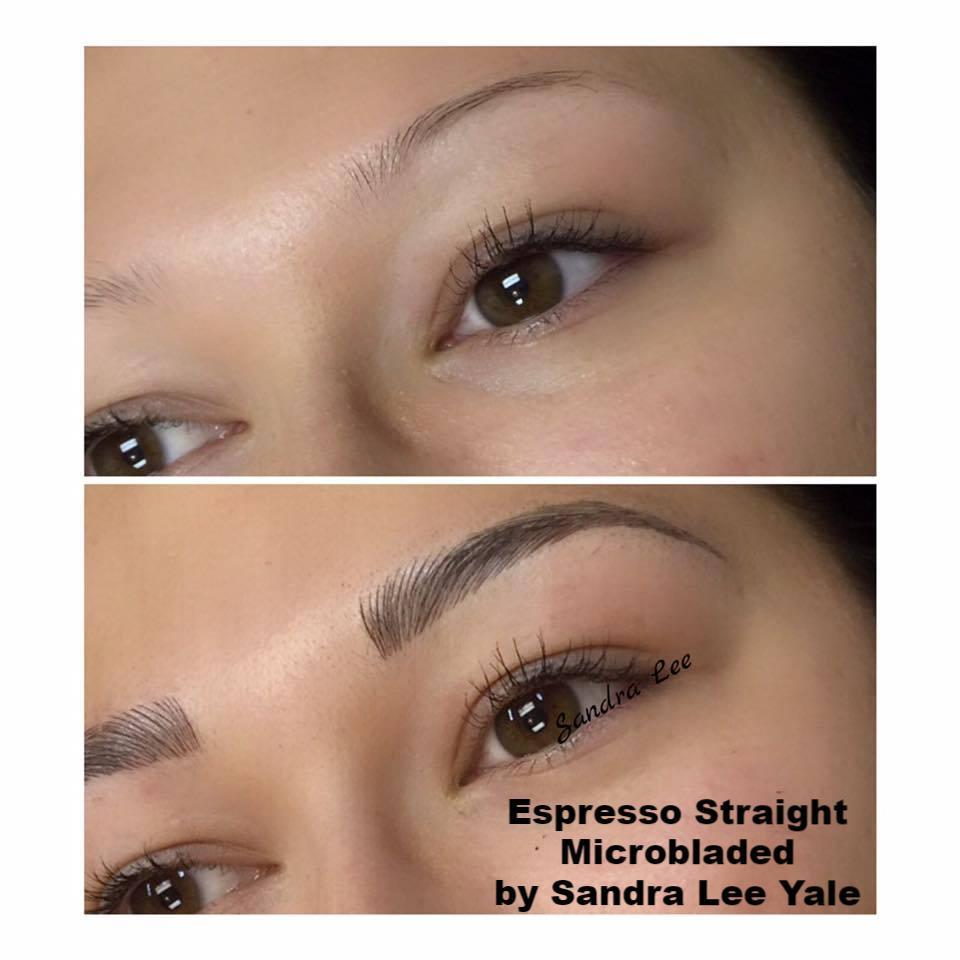 Microbladed brows done with Espresso by Sandra Lee Yale, showing a clean and refined healed result on a fair skin tone.