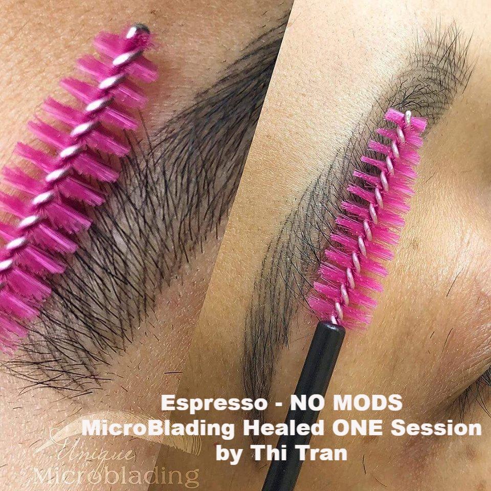 Healed microblading in one session using Espresso with no modifiers by Thi Tran, showcasing bold and even healed strokes.