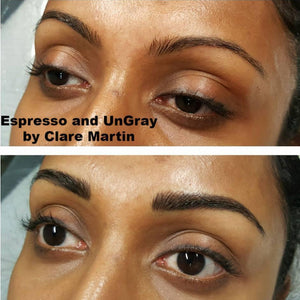 Healed permanent brows using Espresso and UnGray by Clare Martin, showcasing defined and natural-looking results on medium skin tone.