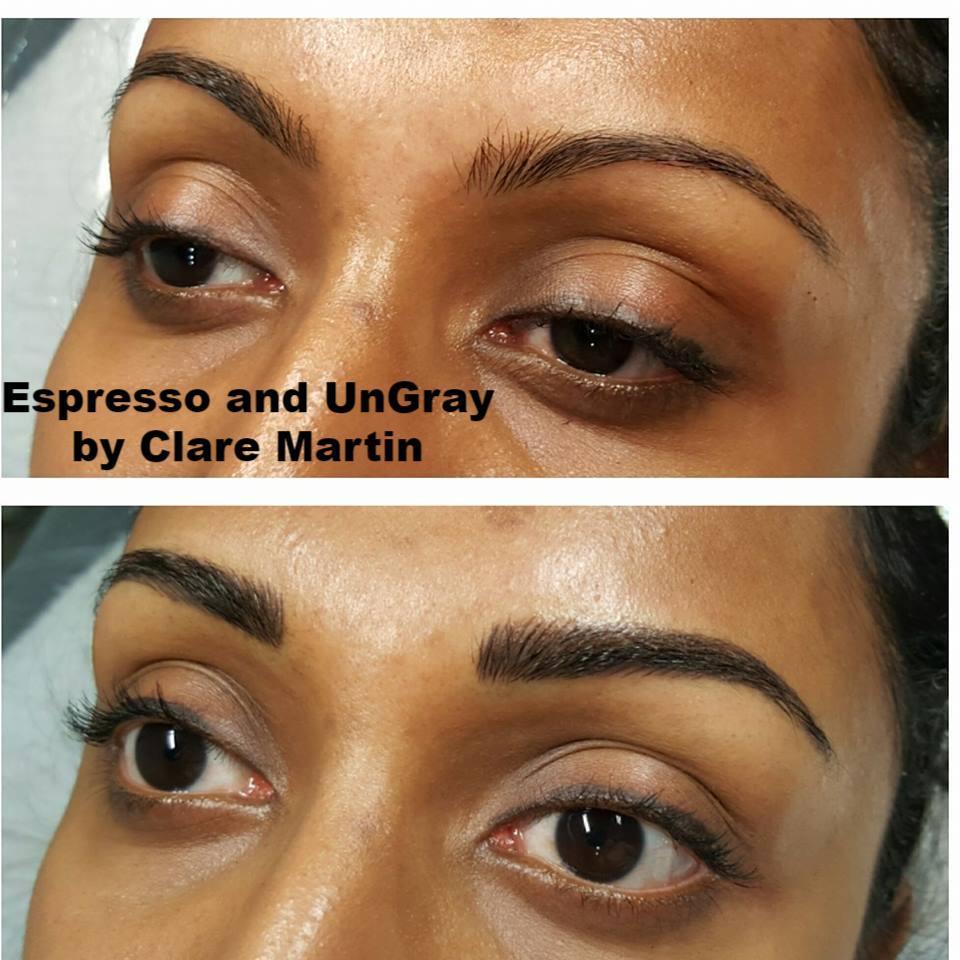 Healed permanent brows using Espresso and UnGray by Clare Martin, showcasing defined and natural-looking results on medium skin tone.