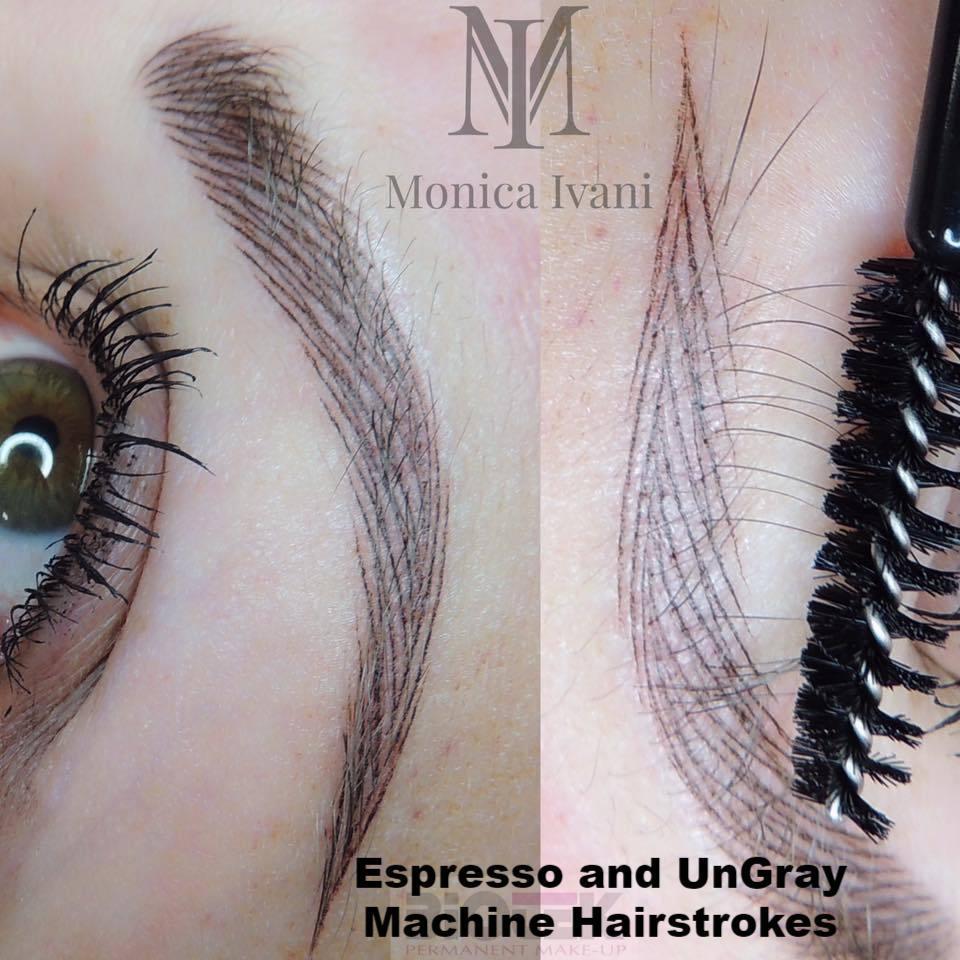 Machine hairstroke brows created with Espresso and UnGray by Monica Ivani, highlighting crisp strokes and natural dimension.