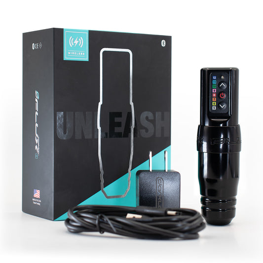 Flux S wireless permanent makeup machine in black by Microbeau, shown with box, charger, and cable on a white background. Professional cordless PMU device for precision tattooing.