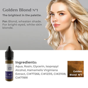 Ingredient list for Hanafy Golden Blonde eyebrow pigment, including rosin, glycerin, and Hamamelis extract.