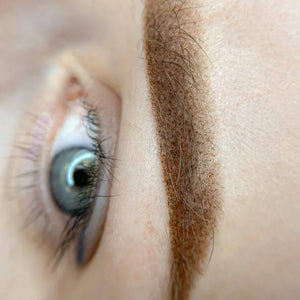 Close-up of a healed eyebrow tattoo using Hanafy Golden Blonde PMU pigment on fair skin.