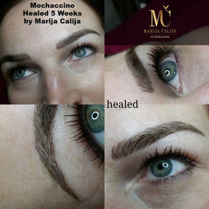 Healed 5-week brow result using Aqua Mochaccino by Marija Calija – soft, defined hairstrokes.