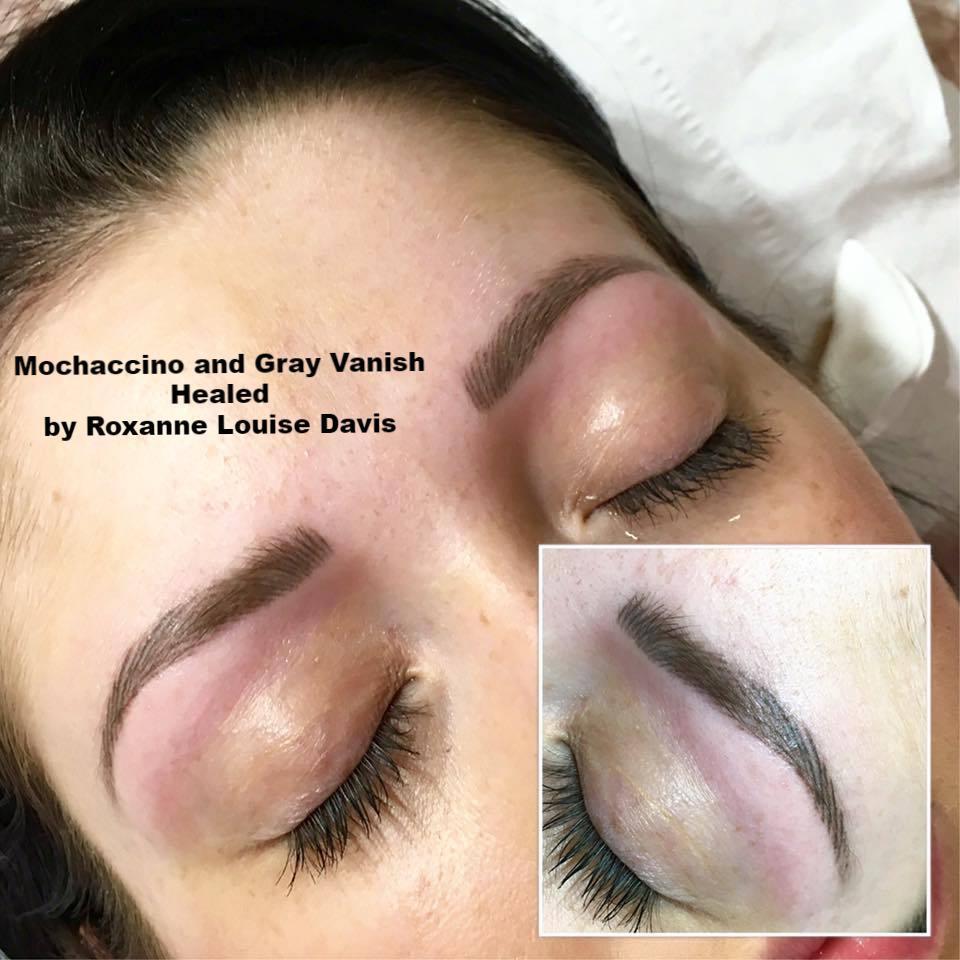 Healed brows using Aqua Mochaccino and Gray Vanish by Roxanne Louise Davis – soft brown healed result.