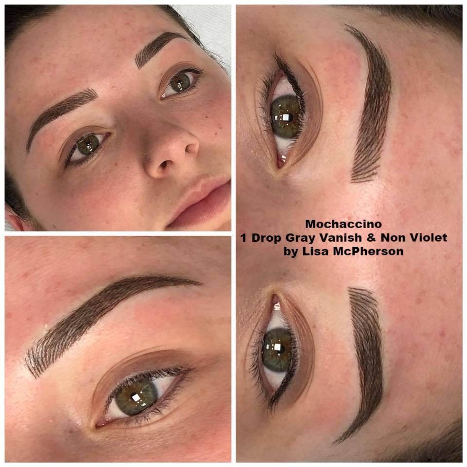 Realistic hairstroke brows healed with Aqua Mochaccino, Gray Vanish, and Non Violet by Lisa McPherson.