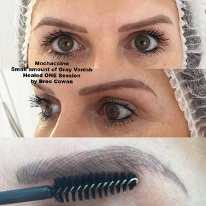 Natural-looking healed brows with Aqua Mochaccino and a small amount of Gray Vanish by Bree Cowan.