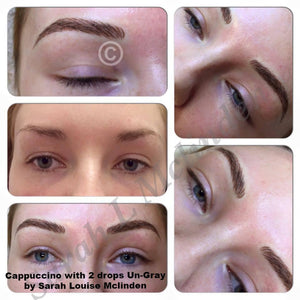 Full-face before and after collage of brows done with Aqua Cappuccino and 2 drops Un-Grey by Sarah Louise Mclinden
