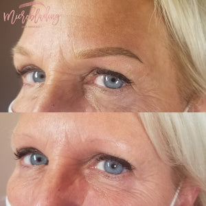 Healed microbladed brows using Crème Latte pigment and Beautiful Blonde blend by Jade Huneault.