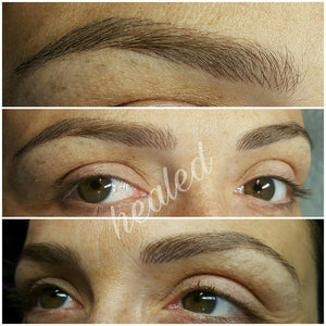 Healed brow tattoo results after one session using Dark Toffee pigment with no modifier by Jelena Ribac.