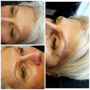 Healed eyebrow tattoo on mature skin using Eskimo Grey and Lighten-Up pigments in a single microblading session by Sophie Timmer.