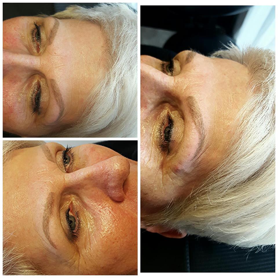 Healed eyebrow tattoo on mature skin using Eskimo Grey and Lighten-Up pigments in a single microblading session by Sophie Timmer.