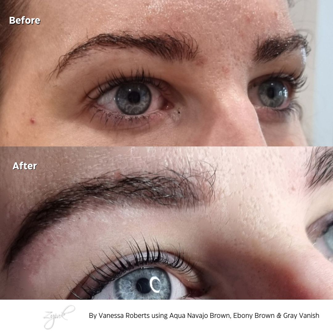 Close-up before and after brow correction by Vanessa Roberts using Aqua Navajo Brown, Ebony Brown, and Gray Vanish for a soft, natural result.