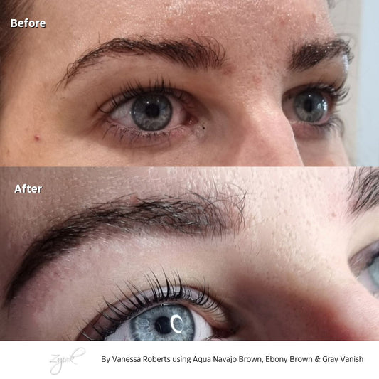 Close-up before and after brow correction by Vanessa Roberts using Aqua Navajo Brown, Ebony Brown, and Gray Vanish for a soft, natural result.