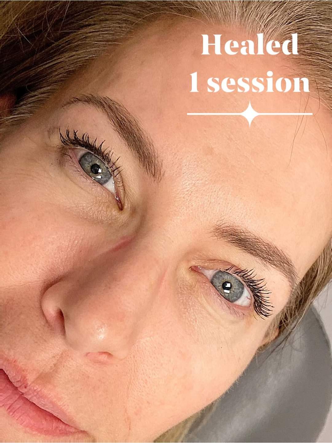 Healed eyebrow tattoo results after one session using LI Loaded Cowgirl pigment.