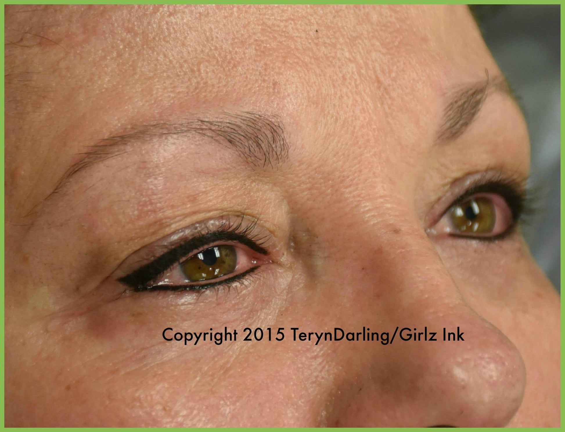 Healed PMU eyeliner result by Teryn Darling using Aqua Black Magic – classic winged liner with bold, defined black color.