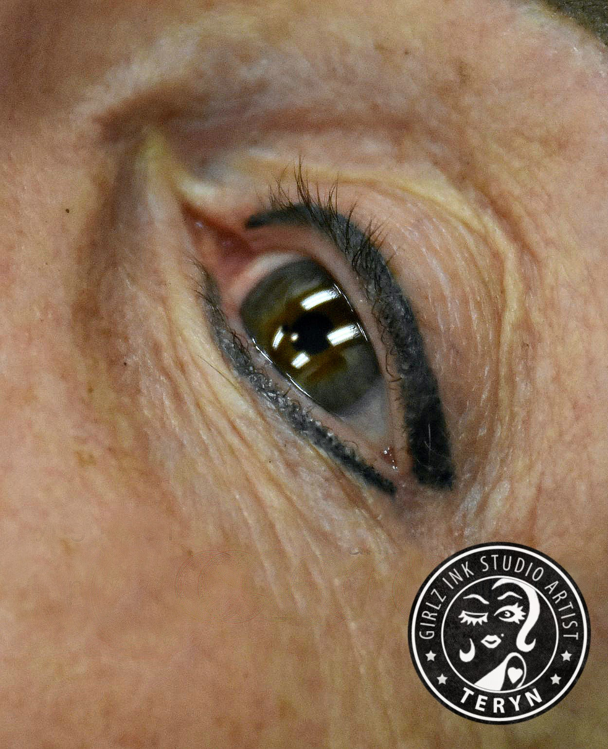 Healed PMU eyeliner using Onyx with a hint of Charcoal pigment for a soft, deep black effect on mature skin by Teryn Darling.