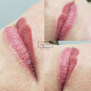 Healed result of lip blush tattoo using Fine Wine pigment from Li Pigments