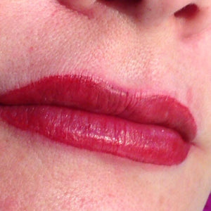 Healed lip tattoo result using Cranberry Craving, Indian Earth, and Luscious Raspberry PMU pigment mix