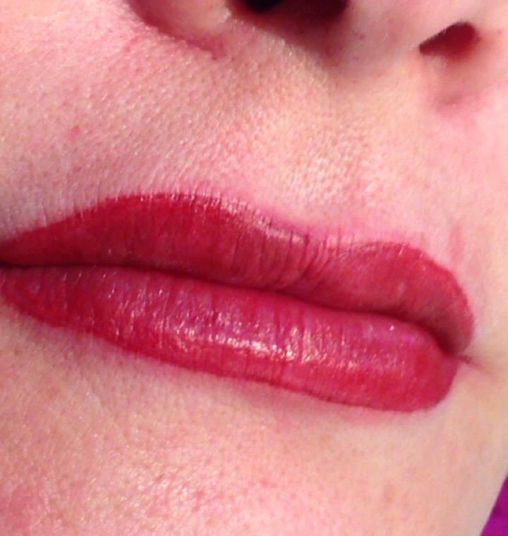 Healed lip tattoo result using Cranberry Craving, Indian Earth, and Luscious Raspberry PMU pigment mix