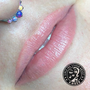 Soft pink lip blush result using Cupid's Blush with one drop of Sugared Rose PMU pigment