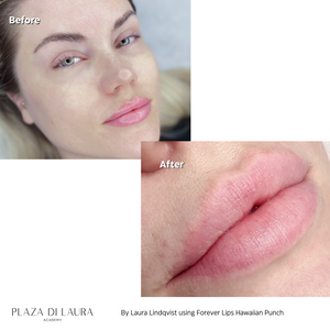 Before and after lip tattoo results using Hawaiian Punch by Laura Lindqvist with soft pink healing
