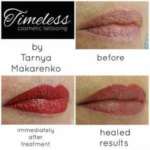 Healed lips after one session using 95% Luscious Raspberry and 5% Purple Gone, single needle and micro configuration