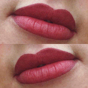 Lip blush result featuring a bold red tone using a blend of Luscious Raspberry and Tabasco pigments