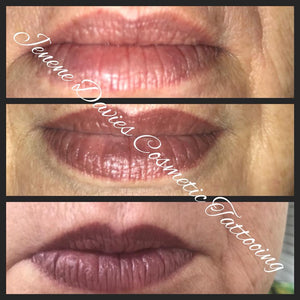 Healed lip blush results using Li Pigments Forever Lips Brick Red, showing before and healed lip pigmentation on mature lips with rich brick red tones by PMU artist Jenene Davies.