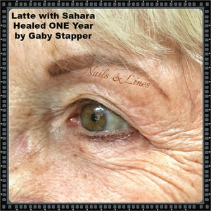 Healed brow after one year using Aqua Latte and Sahara pigments on mature skin by Gaby Stapper.