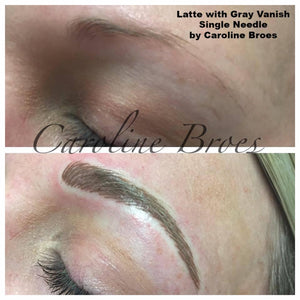 Before and after brows created with Aqua Latte and Gray Vanish using single needle technique by Caroline Broes.