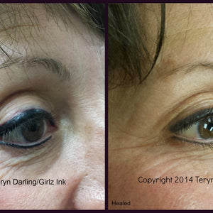 Before and after comparison of permanent eyeliner created using Li Pigments Aqua Global Midnight Black by Teryn Darling of Girlz Ink, showing crisp lash line color and soft healed shading after healing.