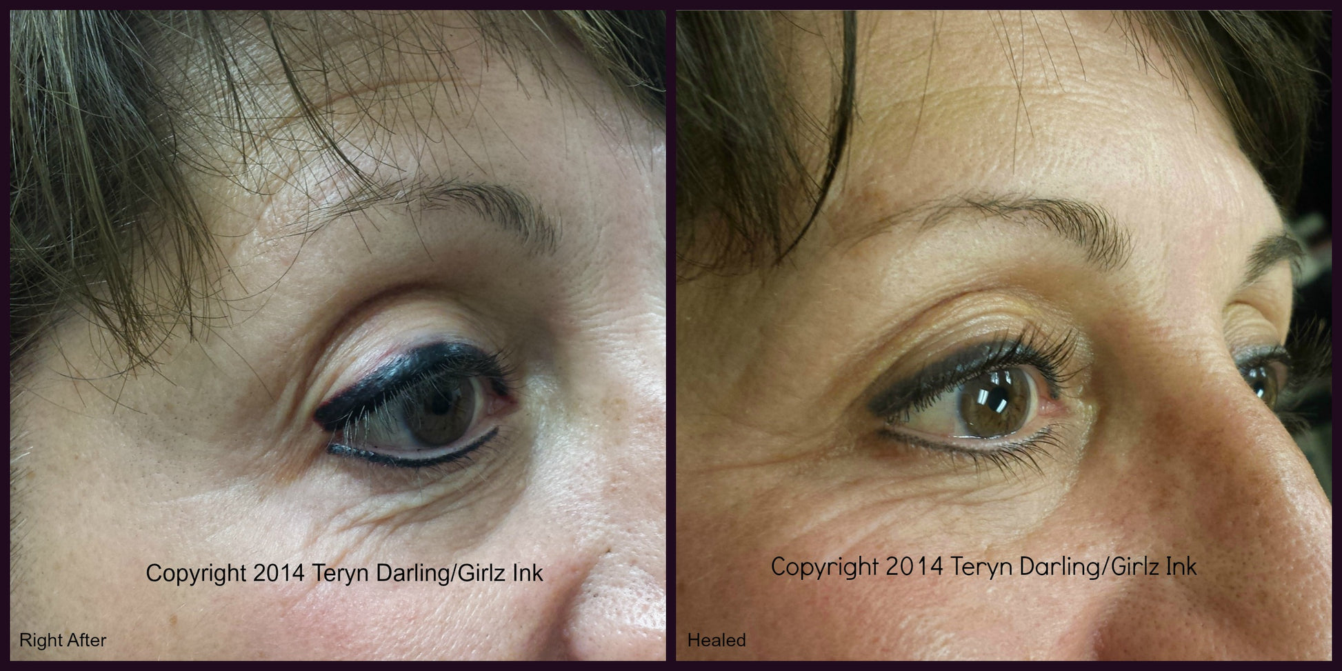 Before and after comparison of permanent eyeliner created using Li Pigments Aqua Global Midnight Black by Teryn Darling of Girlz Ink, showing crisp lash line color and soft healed shading after healing.