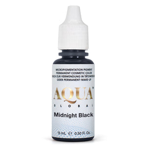 A 15 mL bottle of Li Pigments Aqua Global Midnight Black, a permanent makeup pigment for eyeliner and lash enhancement procedures, featuring a white cap and metallic gold Aqua Global label.