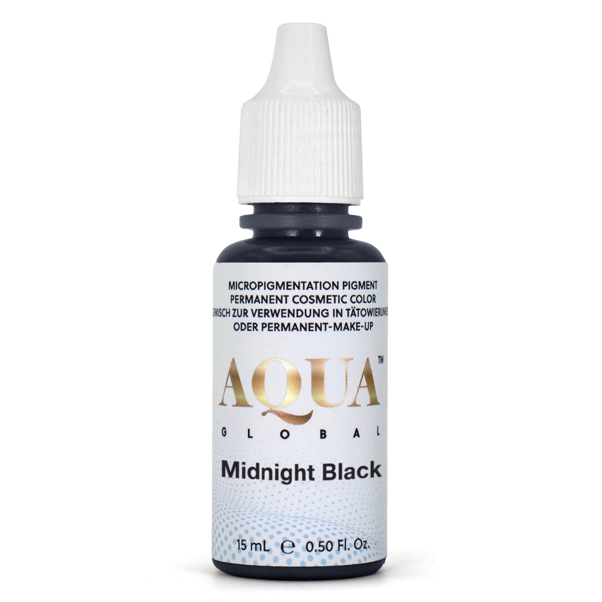 A 15 mL bottle of Li Pigments Aqua Global Midnight Black, a permanent makeup pigment for eyeliner and lash enhancement procedures, featuring a white cap and metallic gold Aqua Global label.
