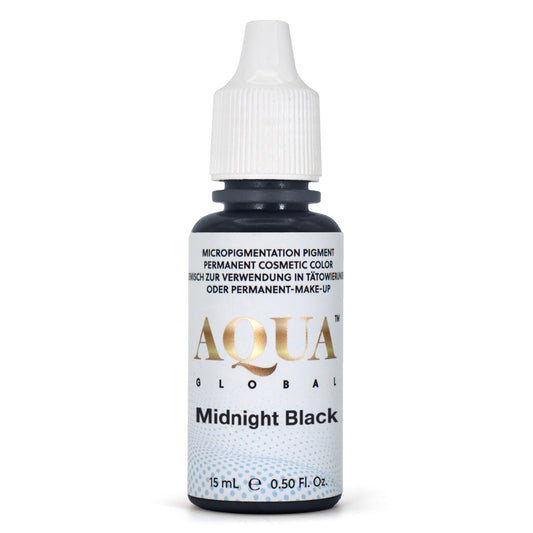 A 15 mL bottle of Li Pigments Aqua Global Midnight Black, a permanent makeup pigment for eyeliner and lash enhancement procedures, featuring a white cap and metallic gold Aqua Global label.
