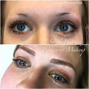 Before and after of permanent makeup brows created with Li Pigments Aqua Milk Chocolate by artist Sarah Hummel. Shows transformation from sparse natural brows to defined, medium-to-dark warm brown eyebrows with soft healed color.
