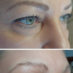 Before and after healed brow results after one session using Li Pigments Aqua Sandalwood by PMU artist Nikki Van Gend. Natural eyebrow color and definition.