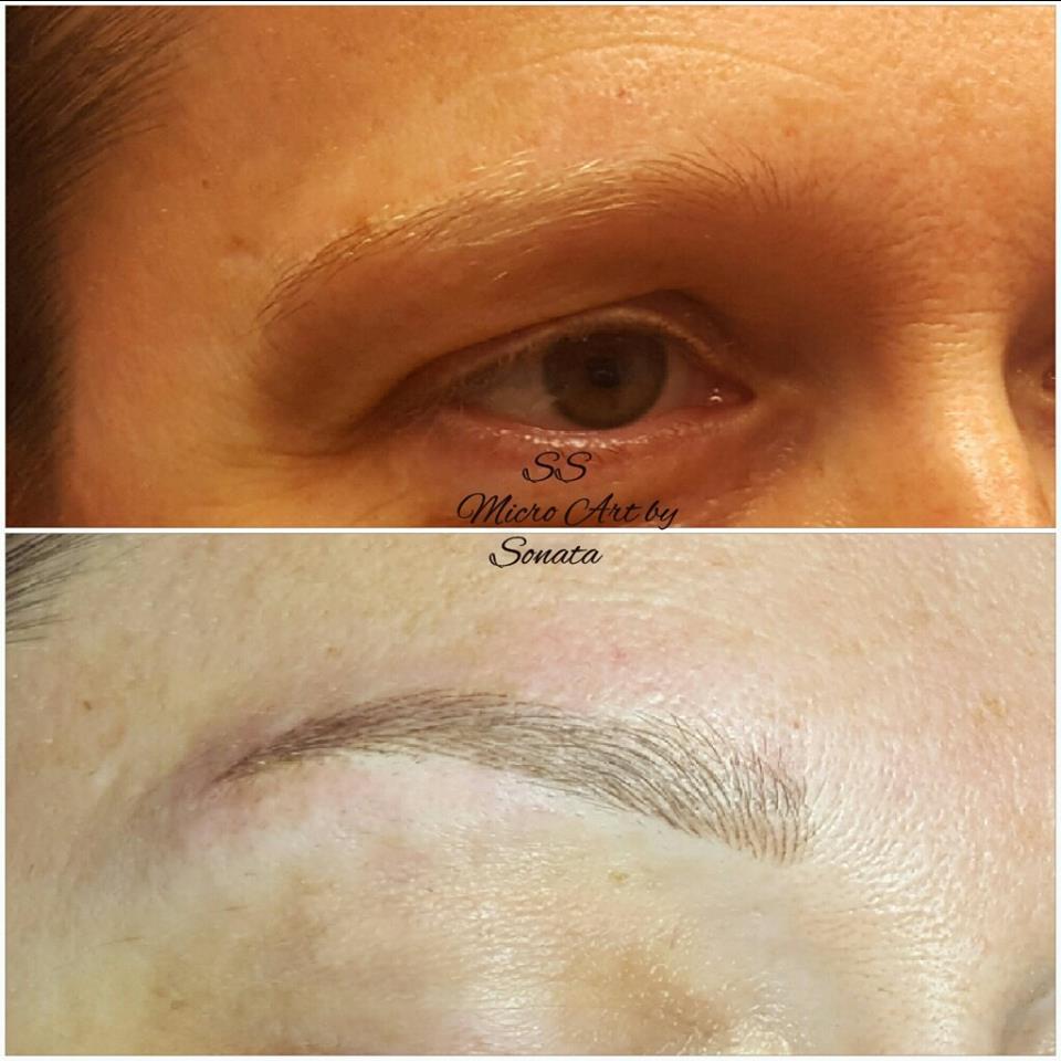 Before and after healed eyebrow results using Li Pigments Aqua Sandalwood with single needle technique by PMU artist Sonata Simo. Soft, natural brow enhancement.