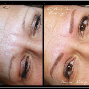 Before and after comparison of eyebrow tattooing using Li Pigments Auburn Strokes pigment by artist Angelique Vurpillot, showing natural healed results and improved brow definition.