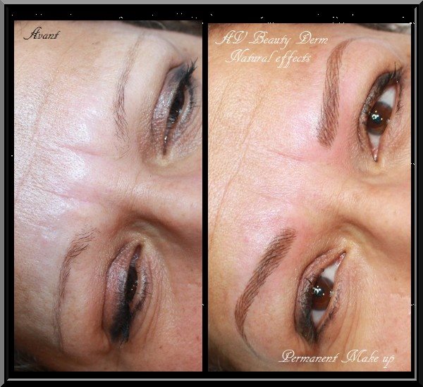 Before and after comparison of eyebrow tattooing using Li Pigments Auburn Strokes pigment by artist Angelique Vurpillot, showing natural healed results and improved brow definition.