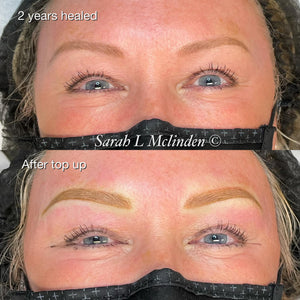 Top-up brow results using Li Pigments Loaded Gold Dust mixed with Teryn Darlings OMG Soft FX, performed by Sarah Louise McLinden - Found at Girlz Ink.